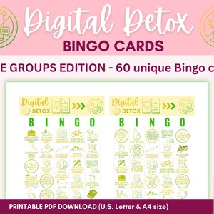 Digital Detox Bingo Printable 60 Unique Bingo Cards LARGE GROUPS Edition A4 and US Letter size Instant Download