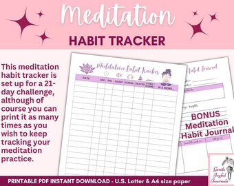 Meditation Habit Tracker and Journal Planner Insert A4 and Letter size Instant Download