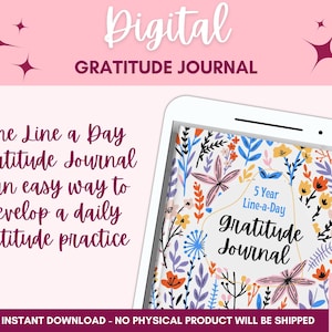 Digital 5 Year Gratitude Journal Floral cover One Line A Day Journal entries Digital Scrapbooking Instant Download Use with Goodnotes etc