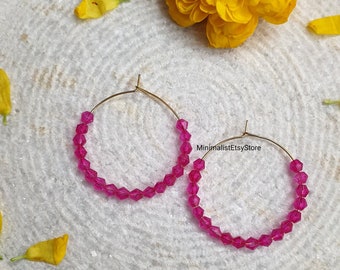 Hot Pink Hoop Earrings Best Birthday Anniversary Gifts For Her, Hoop Earrings Gold, Beaded Hoop Earrings, Handmade Bead Earrings