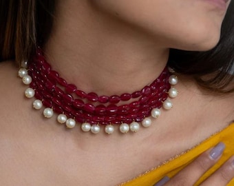 Ruby Necklace, Natural Red Necklace with Pearl, Gemstone Choker, Ruby Red Choker Necklace