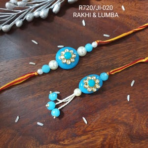 Bhaiya Bhabhi Rakhi Set, Blue Beaded Cotton Rakhi Lumba