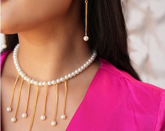 Pearl Choker Set, Indian Jewelry, Bridal Jewelry, Festive Necklace Set, Partywear Choker Set, Wedding Jewelry Set