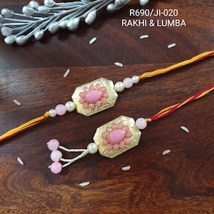 Gold Pink Beaded Rakhi Set, Cotton Thread Rakshabandhan Rakhri