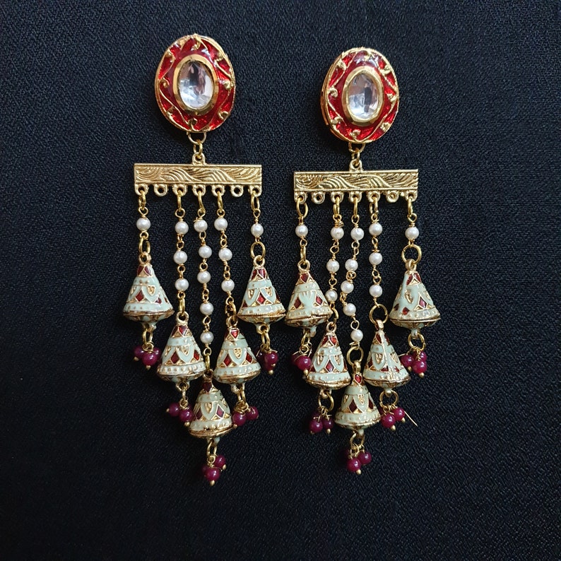 Kundan Meena Earrings Indian Earrings Bollywood Jewelry Gold Plated Earrings Dangle Earrings Indian Bridal Jewelry Meenakari Earrings