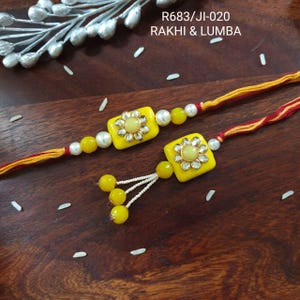 Yellow Beaded Rakhi Set, Cotton Thread Rakhi for Couple