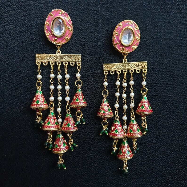 Kundan Meena Earrings Indian Earrings Bollywood Jewelry Gold Plated Earrings Dangle Earrings Indian Bridal Jewelry Meenakari Earrings