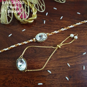 White Stone Rakhi Set, Cotton Thread Rakhi for Couple