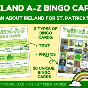 St. Patrick&#39;s Day Ireland A to Z Bingo, 20 Unique Bingo Cards, Kids St. Patty&#39;s Day Activity Printable Instant Download U.S. Letter and A4