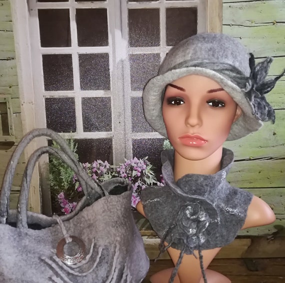 Grey Wool Felt Fedora with Floral Accent Vintage Hat, Gray Hat, Fedora, Mens Hat, Hat, Fashion, Red  main image 2