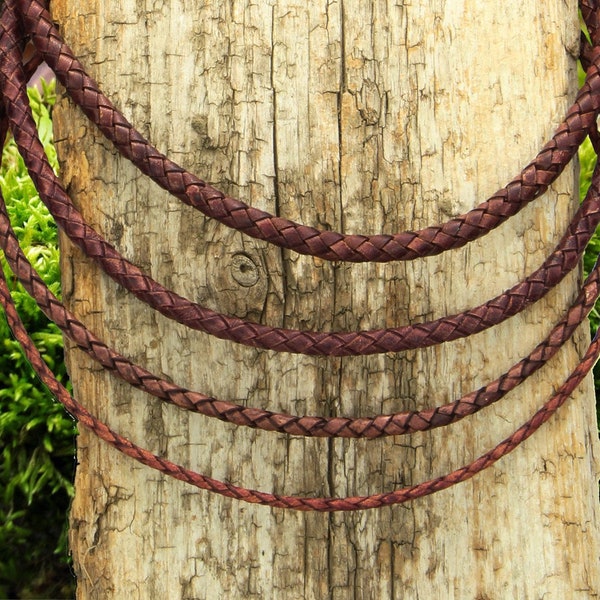 Lederkette Lederhalsband/Armband geflochten Vintage-Maroon | Edelstahl-Hebeldruckverschluss Schwarz | Länge 18 - 70cm | Stärke 3, 4, 5, 6mm