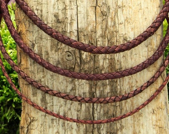 Lederkette Lederhalsband/Armband geflochten Vintage-Maroon | Edelstahl-Hebeldruckverschluss Schwarz | Länge 18 - 70cm | Stärke 3, 4, 5, 6mm