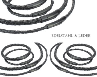 Lederhalsband Lederkette / Armband Schwarz geflochten Lederstärke 3, 4 ,5 oder 6mm | Längen 18 - 70cm | Edelstahl-Verschluss SCHWARZ