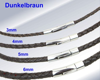 Leather necklace/bracelet leather chain braided dark brown stainless steel lever clasp men women length 18 cm-to-70 cm thickness 3,4,5+6 mm