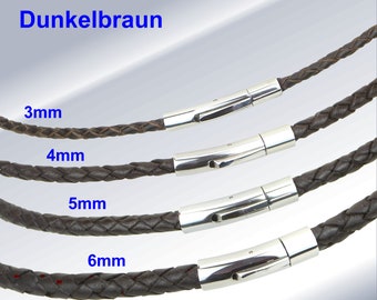 Lederhalsband/Armband Lederkette geflochten Dunkelbraun Edelstahl-Hebeldruckverschluss Männer Frauen Länge 18cm-bis-70cm Stärke 3,4,5+6mm