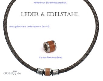 Leather chain collar bracelet as a set or individually dark brown with firestone beads stainless steel with wood inlay