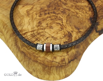 Collar y/o pulsera de cuero marrón oscuro con cuentas de piedra de fuego, acero inoxidable con incrustaciones de madera, en conjunto o por separado.