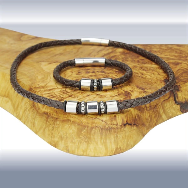 Leather collar, leather chain or leather bracelet braided with stainless steel beads/pearls and stainless steel clasp. Men's chain color and length selectable