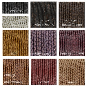 Könnte beinhalten: Eine Collage aus 10 verschiedenen Farben geflochtener Lederkordel. Die Farben sind: Schwarz, Antik Schwarz, Dunkelbraun, Zimt, Vintage Lila, Vintage Braun, Vintage Mittelbraun, Weinrot, Natur und Weiß.