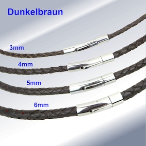 Läderhalsband/armband, flätad läderkedja, mörkbrun, spänne i rostfritt stål, herr/dam, längd 18 cm till 70 cm, tjocklek 3, 4, 5 + 6 mm