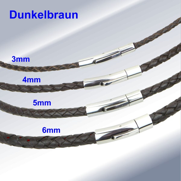 Lederhalsband/Armband Lederkette geflochten Dunkelbraun Edelstahl-Hebeldruckverschluss Männer Frauen Länge 18cm-bis-70cm Stärke 3,4,5+6mm