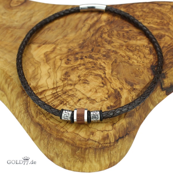 Lederkette und/oder Armband Dunkelbraun mit Firestone-Beads Edelstahl mit Holzeinlage als Set oder Einzeln