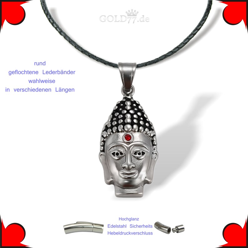 Puede incluir: Collar con colgante de cabeza de Buda de plata con una piedra roja en la frente. El collar tiene un cord&oacute;n de cuero negro y un cierre de palanca.