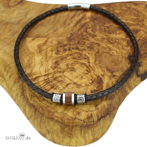 Braided leather necklace DARK BROWN with Firestone Beads No. 22 wooden inlay Length 45-50 cm Thickness 5 mm Silver lever push clasp image 1