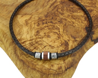 Braided leather necklace DARK BROWN with Firestone Beads No. 22 wooden inlay | Length 45-50 cm | Thickness 5 mm | Silver lever push clasp