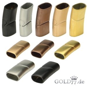Könnte beinhalten: Sortiment an magnetischen Verschlüssen für die Schmuckherstellung in verschiedenen Ausführungen, darunter Schwarz, Silber, Gold und Kupfer.