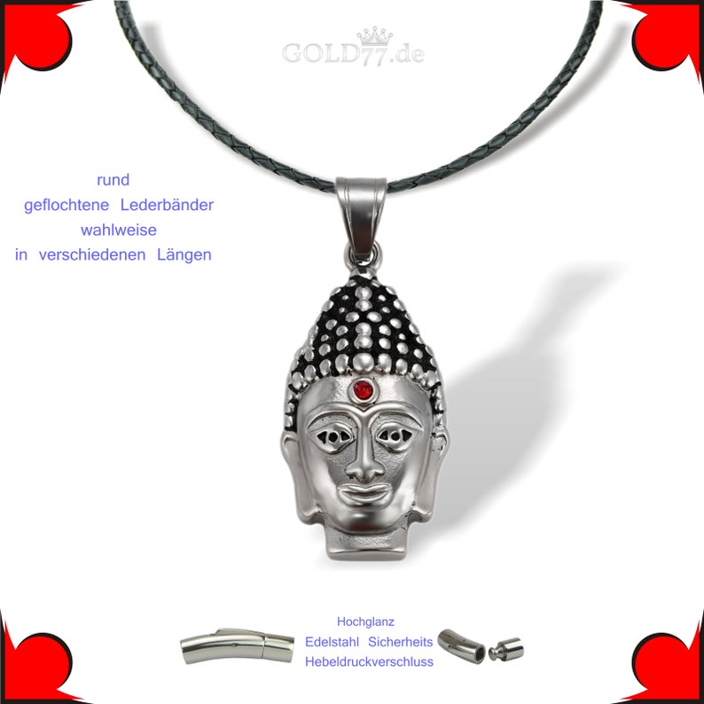 Puede incluir: Collar con colgante de cabeza de Buda de plata con una piedra roja en la frente. El collar tiene un cord&oacute;n de cuero negro y un cierre de palanca.