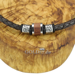 Braided leather necklace DARK BROWN with Firestone Beads No. 22 wooden inlay Length 45-50 cm Thickness 5 mm Silver lever push clasp image 4
