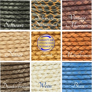 Può includere: Nove campioni di cordoncino in pelle intrecciata in vari colori. I colori includono nero, nero con bordo naturale, bordeaux vintage, naturale, cannella, marrone medio, marrone scuro, bianco e blu. Il testo "GOLD77.DE STYLISCHER SCHMUCK" è al centro.