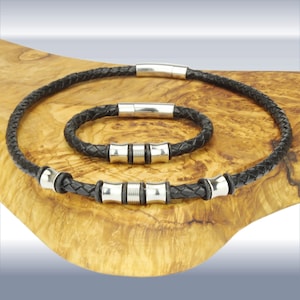 Leather necklace or leather bracelet black braided with stainless steel beads/pearls and stainless steel clasp men&#39;s necklace
