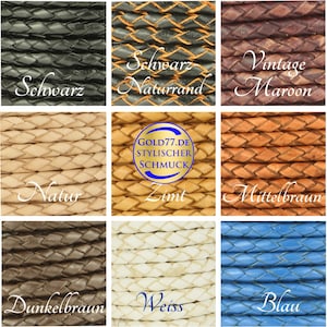 Könnte beinhalten: Neun verschiedene Farben geflochtener Lederkordel, darunter Schwarz, Braun, Braun, Weiß und Blau. Die Kordel ist in einem Rastermuster dargestellt, wobei der Farbname unter jedem Muster geschrieben ist.