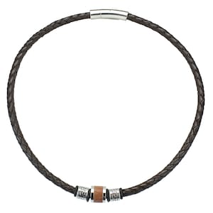 Braided leather necklace DARK BROWN with Firestone Beads No. 22 wooden inlay Length 45-50 cm Thickness 5 mm Silver lever push clasp image 2