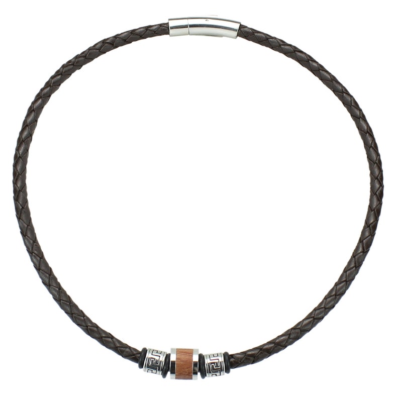 Braided leather necklace DARK BROWN with Firestone Beads No. 22 wooden inlay Length 45-50 cm Thickness 5 mm Silver lever push clasp image 2