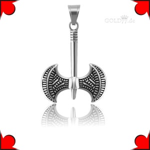 May include: Silver double-headed axe pendant with intricate geometric designs on the blades. The axe is attached to a silver chain.