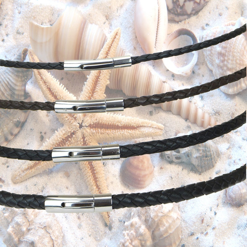 Leren halsbandarmband leren ketting gevlochten Zwart RVS hefboom kliksluiting heren heren dames lengte 18-70 cm dikte 3, 4, 5, 6 mm afbeelding 3