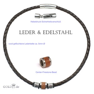 Braided leather necklace DARK BROWN with Firestone Beads No. 22 wooden inlay Length 45-50 cm Thickness 5 mm Silver lever push clasp image 3