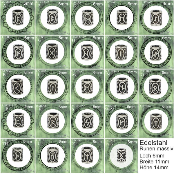 EDELSTAHL Wikinger Runen Beads Bartperlen Dreadlocks - 6mm - Großlochperle Viking Nordisch Futhark Alphabet 24 verschiedene Buchstaben