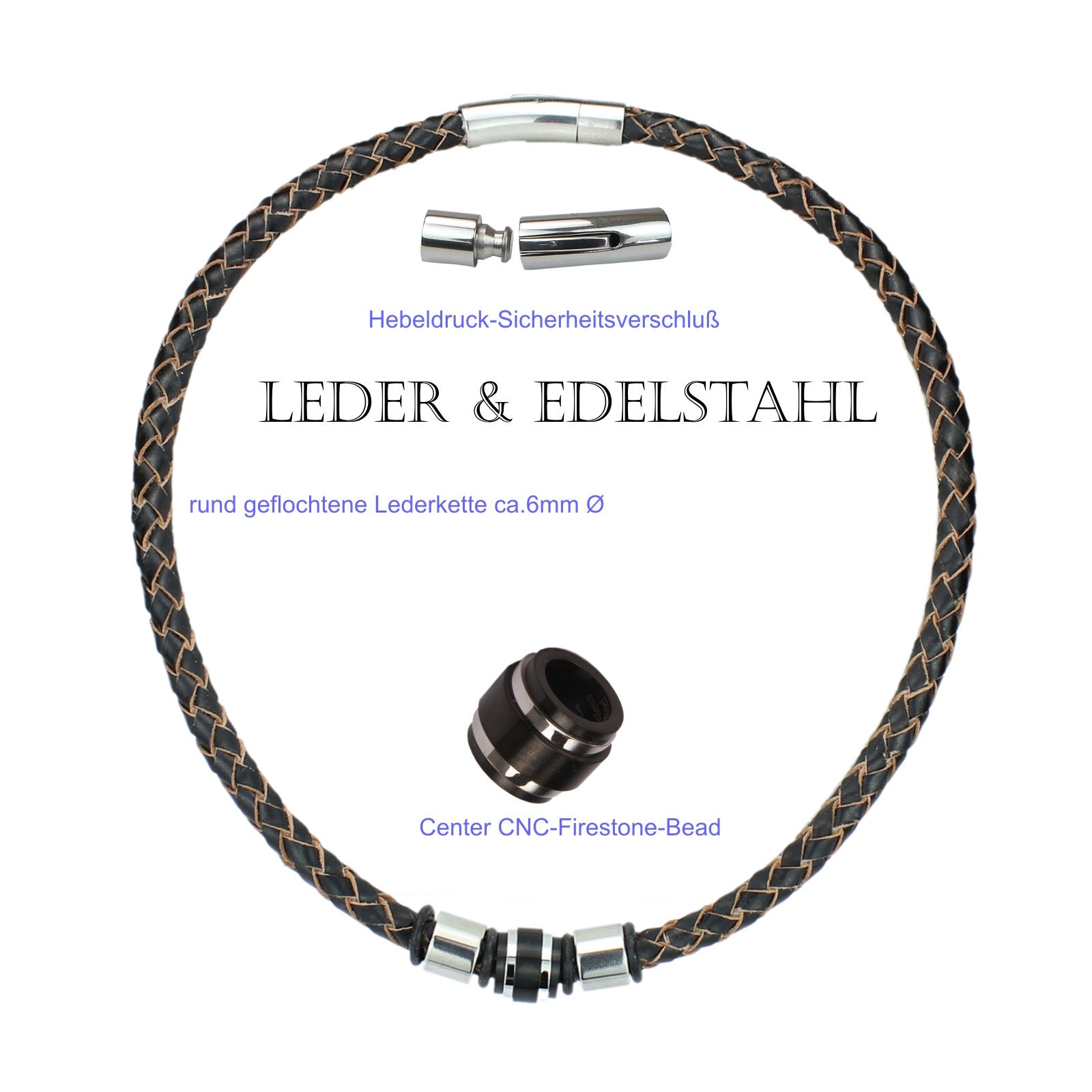 Collare/Catena In Pelle Marrone Scuro Con Perline Firestone - Acciaio Inox E Legno, Unisex, Biker