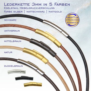 Leren ketting glad in 5 KLEUREN | Dikte 3 mm | Leren armband 18-21 cm - leren halsband 38-70 cm | Hefboomsluiting zilver/zwart/goud