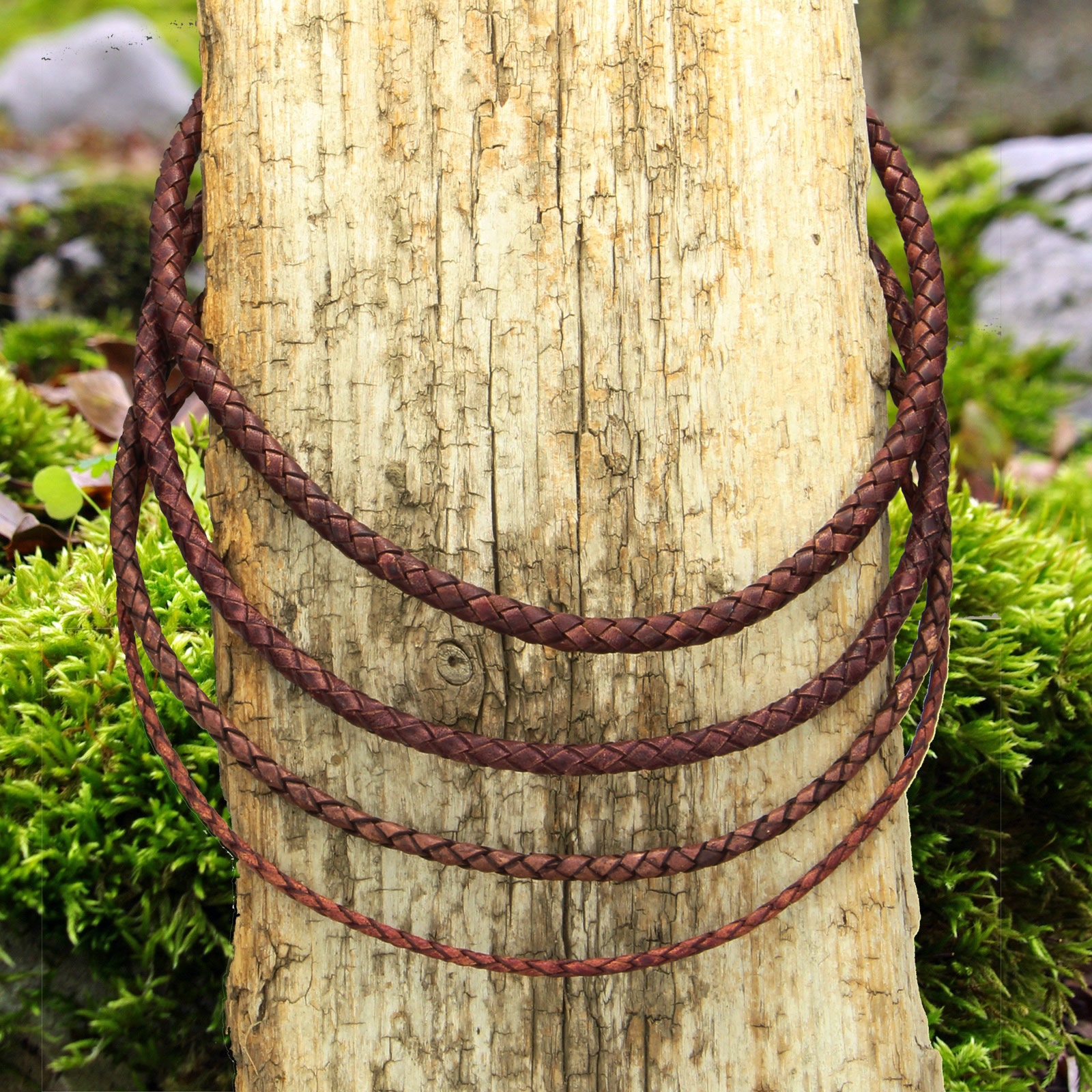 Leather chain leather collar/bracelet braided vintage maroon stainless steel lever pressure clasp men women length 18 - 70 cm, 4 thicknesses