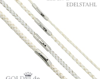Leren halsketting/armband, gevlochten, wit met roestvrijstalen karabijnsluiting, voor dames en heren, lengte 18-70 cm, dikte 3, 4, 5, 6 mm