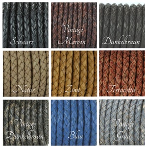 Può includere: Nove colori diversi di cordoncino in pelle intrecciato, tra cui nero, marrone, marrone, beige, cannella, terracotta, marrone vintage, blu e grigio. Ogni colore è etichettato con il suo nome in tedesco.