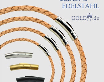 Chaîne en cuir tressée CANNELLE | Bracelet 18-23 cm - collier 36-70 cm | 4 points forts | Fermoirs en argent/noir/or