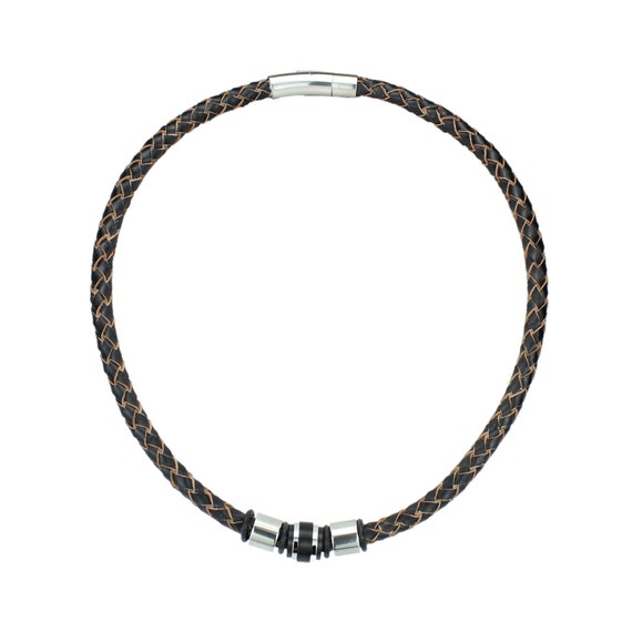 Collare/Catena In Pelle Marrone Scuro Con Perline Firestone E Acciaio Inox - Biker Gold77