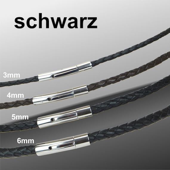 Lederhalsband Armband Lederkette geflochten Schwarz | Edelstahl-Hebeldruckverschluss Männer Herren Frauen Länge 18-70cm Stärke 3, 4, 5, 6mm