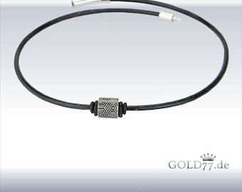 Leren halsketting leren halsband zwart met vuursteen kralen/parels RVS 40,43,45,50 cm sluiting selecteerbaar